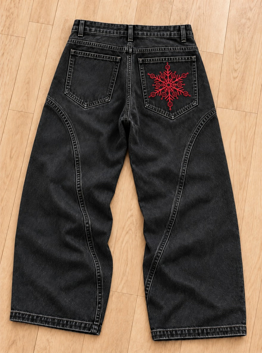 Demon Slayer Embroidered Pocket Jeans – Akaza Snowflake – back flat-lay | Demon Slayer