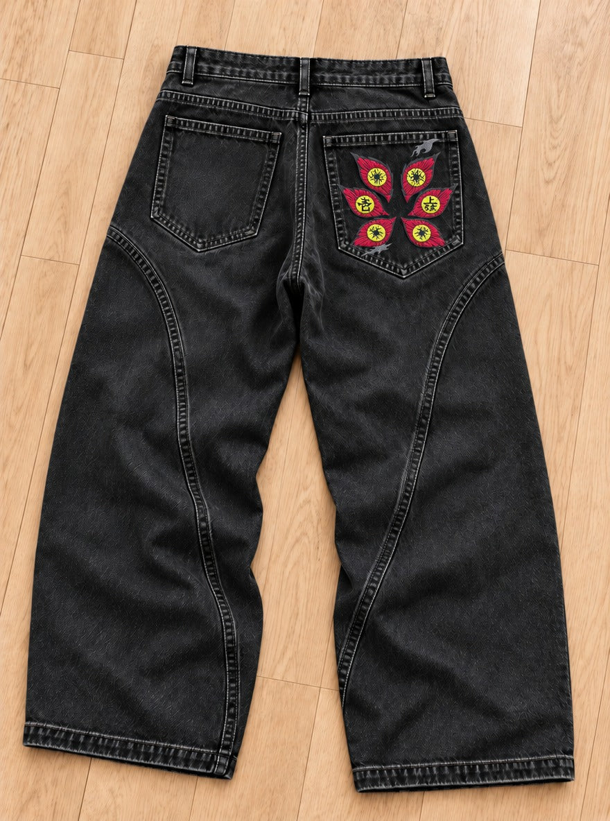 Demon Slayer Embroidered Pocket Jeans – Kokushibo Six Eyes – back flat-lay | Demon Slayer