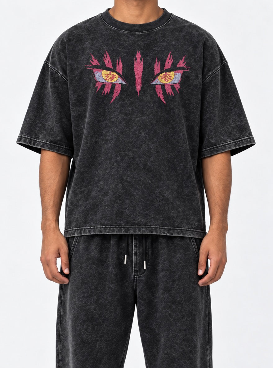 Akaza Eyes – Black T-Shirt – model shot | Demon Slayer