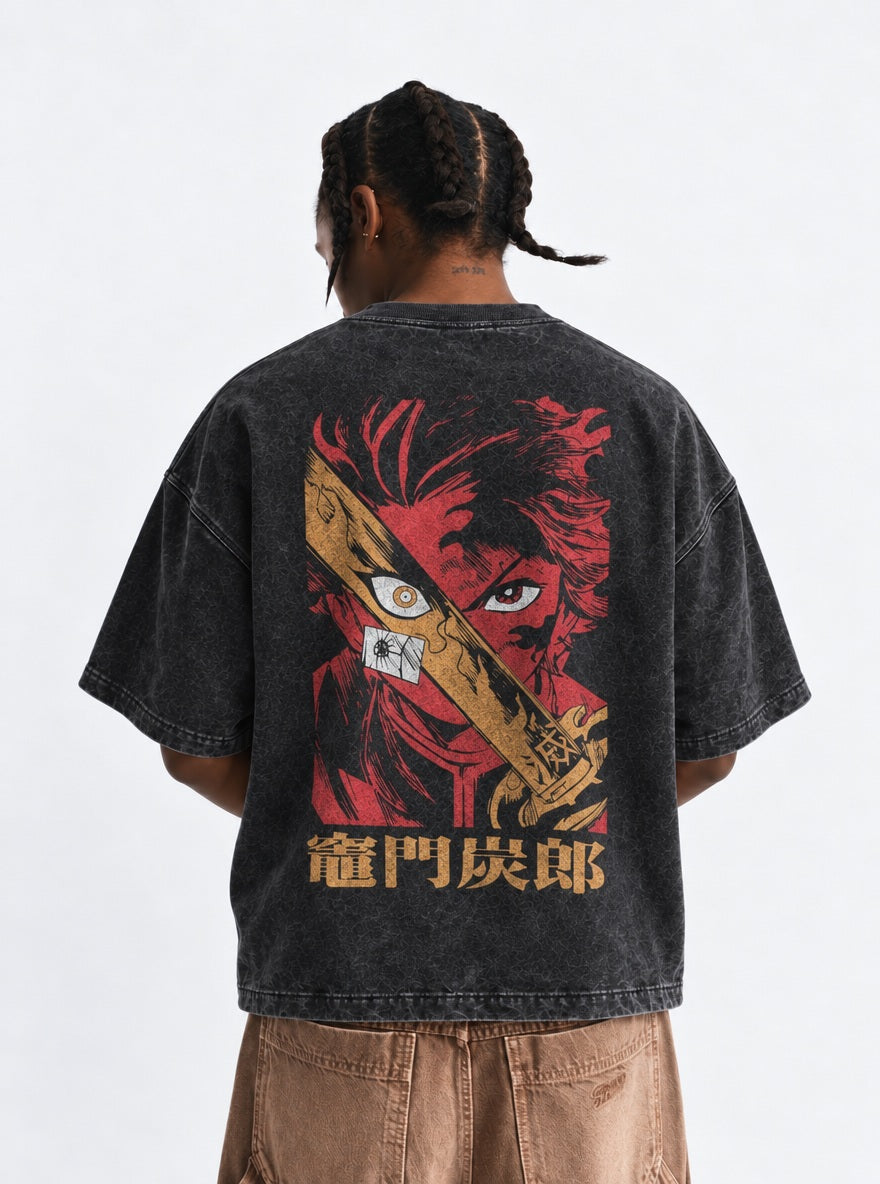 Tanjiro Red – Black T-Shirt – model shot | Demon Slayer