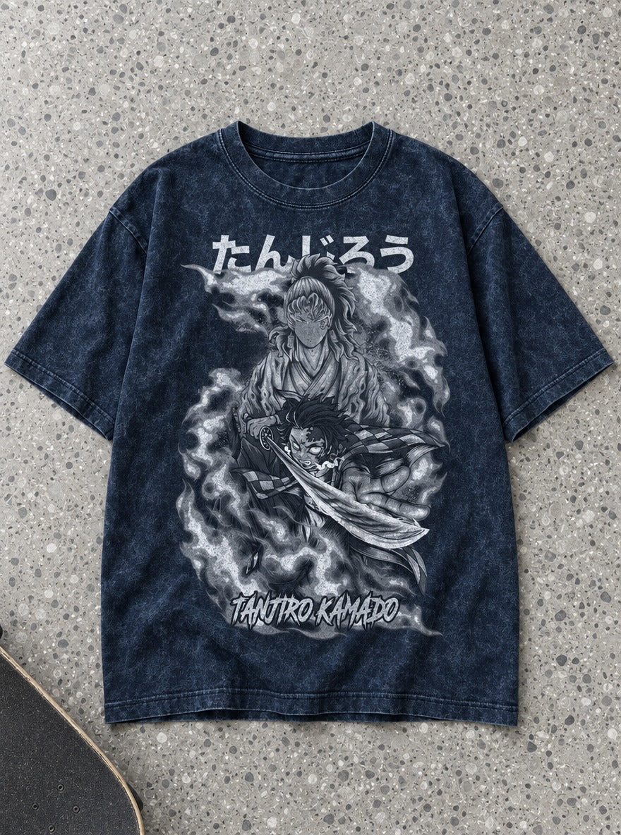 Flame Bond – Navy Blue T-Shirt – flat-lay | Demon Slayer