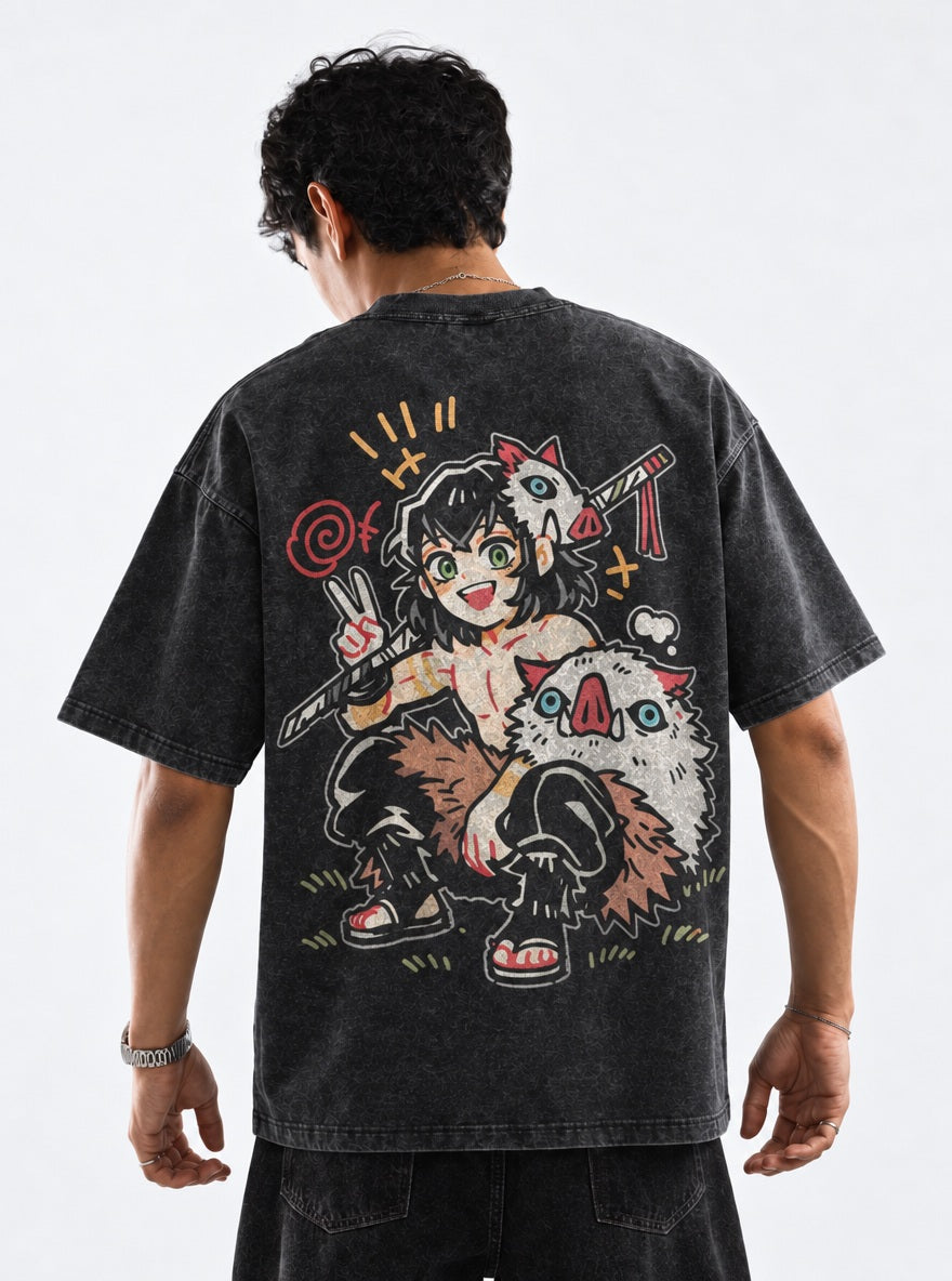 Inosuke Chibi – Black T-Shirt – model shot | Demon Slayer