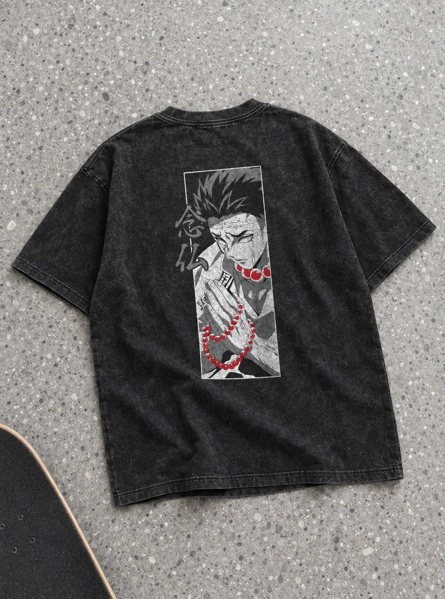 Gyomei Beads – Black T-Shirt – flat-lay | Demon Slayer