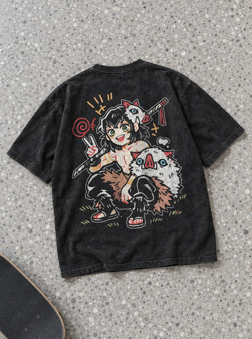 Inosuke Chibi – Black T-Shirt – flat-lay | Demon Slayer