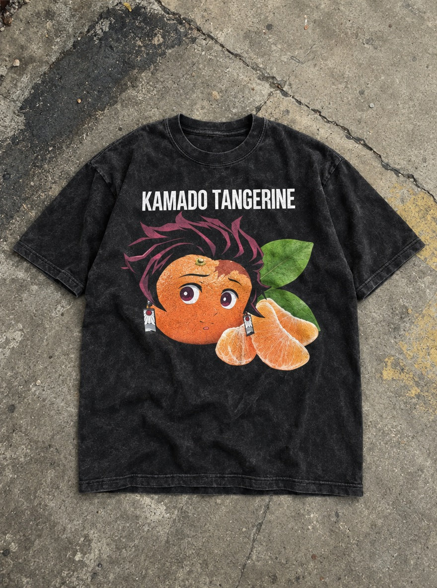 Kamado Tangerine – Black Acid Wash Tee – flat-lay | Demon Slayer