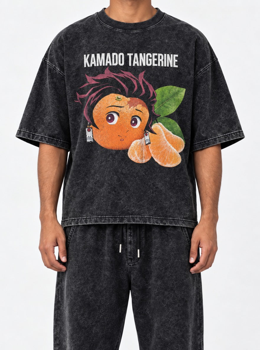 Kamado Tangerine – Black Acid Wash Tee – model shot | Demon Slayer
