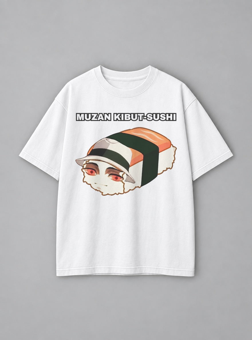 Muzan Kibut-Sushi – White Tee – mockup | Demon Slayer
