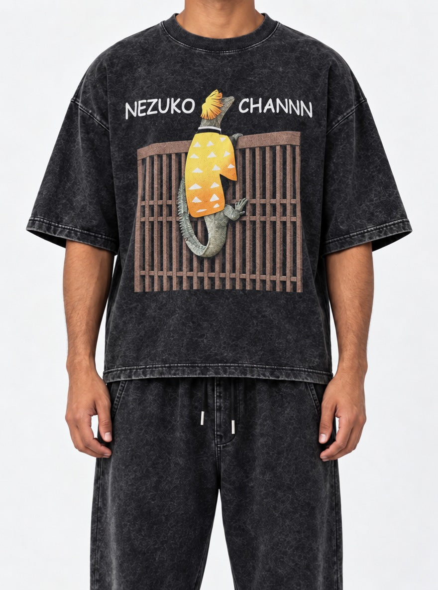 Nezuko Channn – Black Acid Wash Tee – model shot | Demon Slayer
