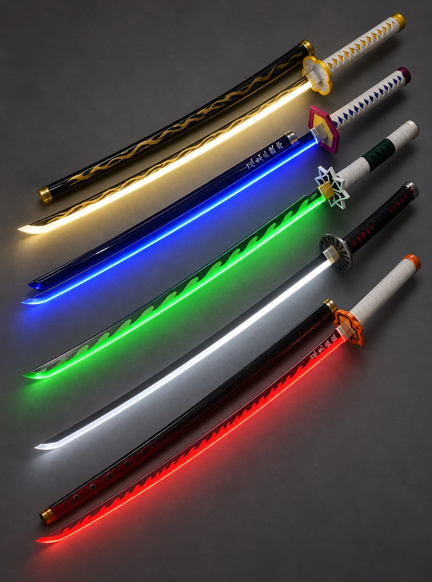 Nichirin LED Light-Up Katana – All designs – five designs lit up | Demon Slayer