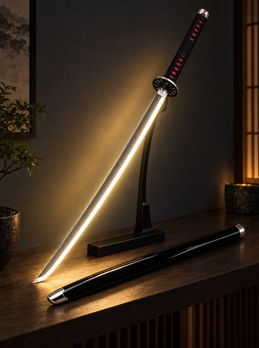 Nichirin LED Light-Up Katana – All designs – glowing on a shelf | Demon Slayer