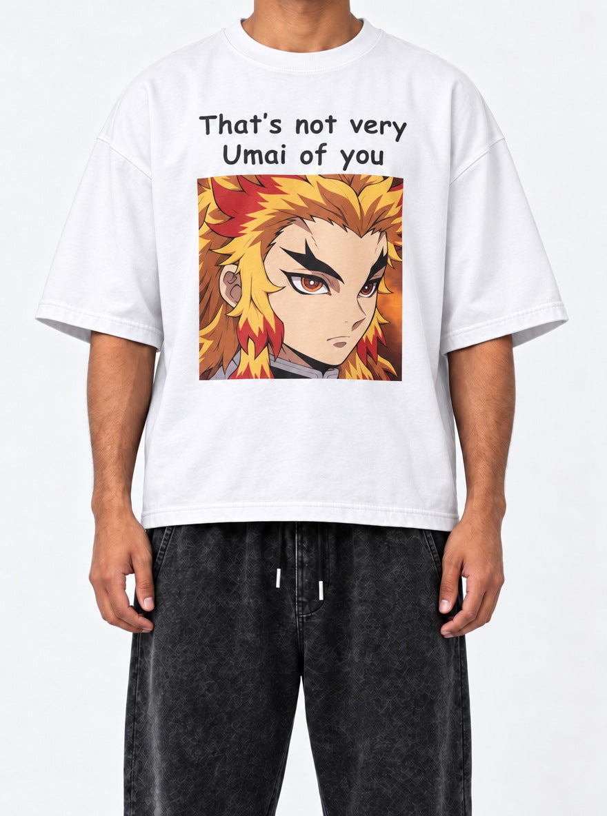Not Very Umai – White Tee – model shot | Demon Slayer
