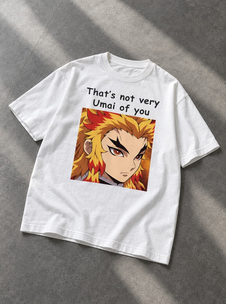 Not Very Umai – White Tee – flat-lay | Demon Slayer