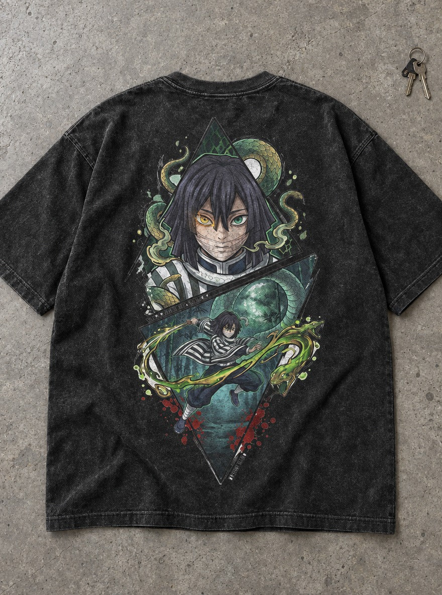 Obanai Serpent – Black T-Shirt – flat-lay | Demon Slayer