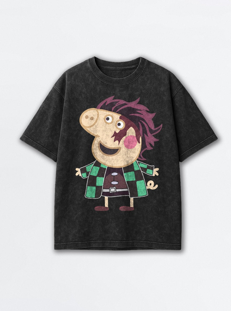 Peppa Tanjiro – Black Acid Wash Tee – mockup | Demon Slayer