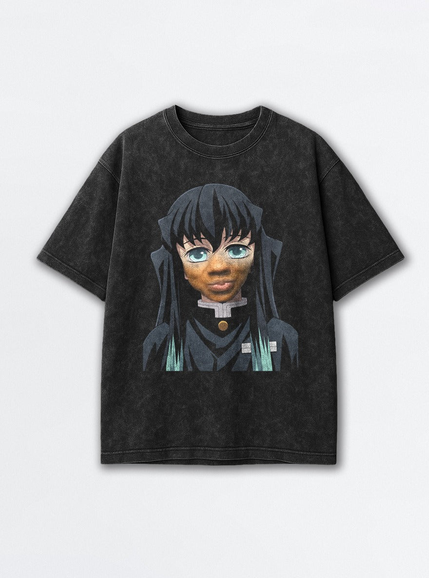 Real Face Muichiro – Black Acid Wash Tee – mockup | Demon Slayer