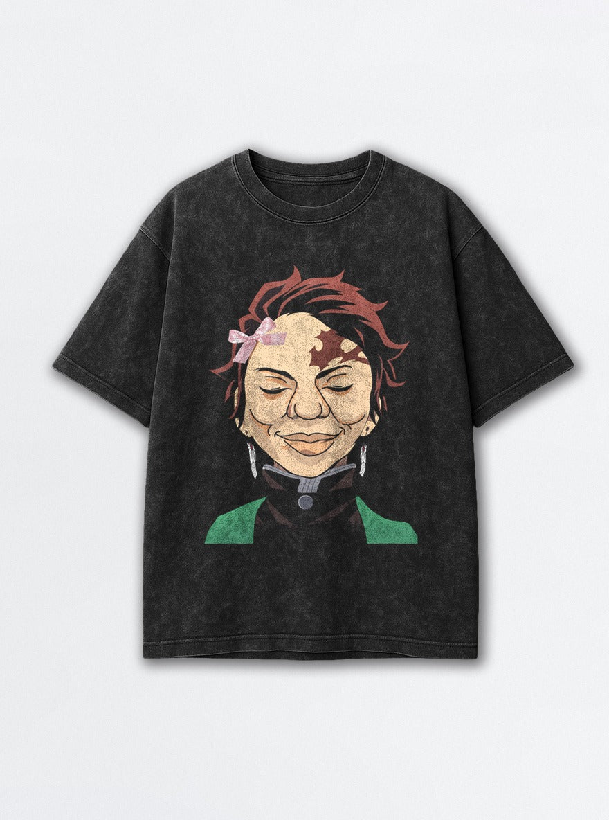 Real Face Tanjiro – Black Acid Wash Tee – mockup | Demon Slayer
