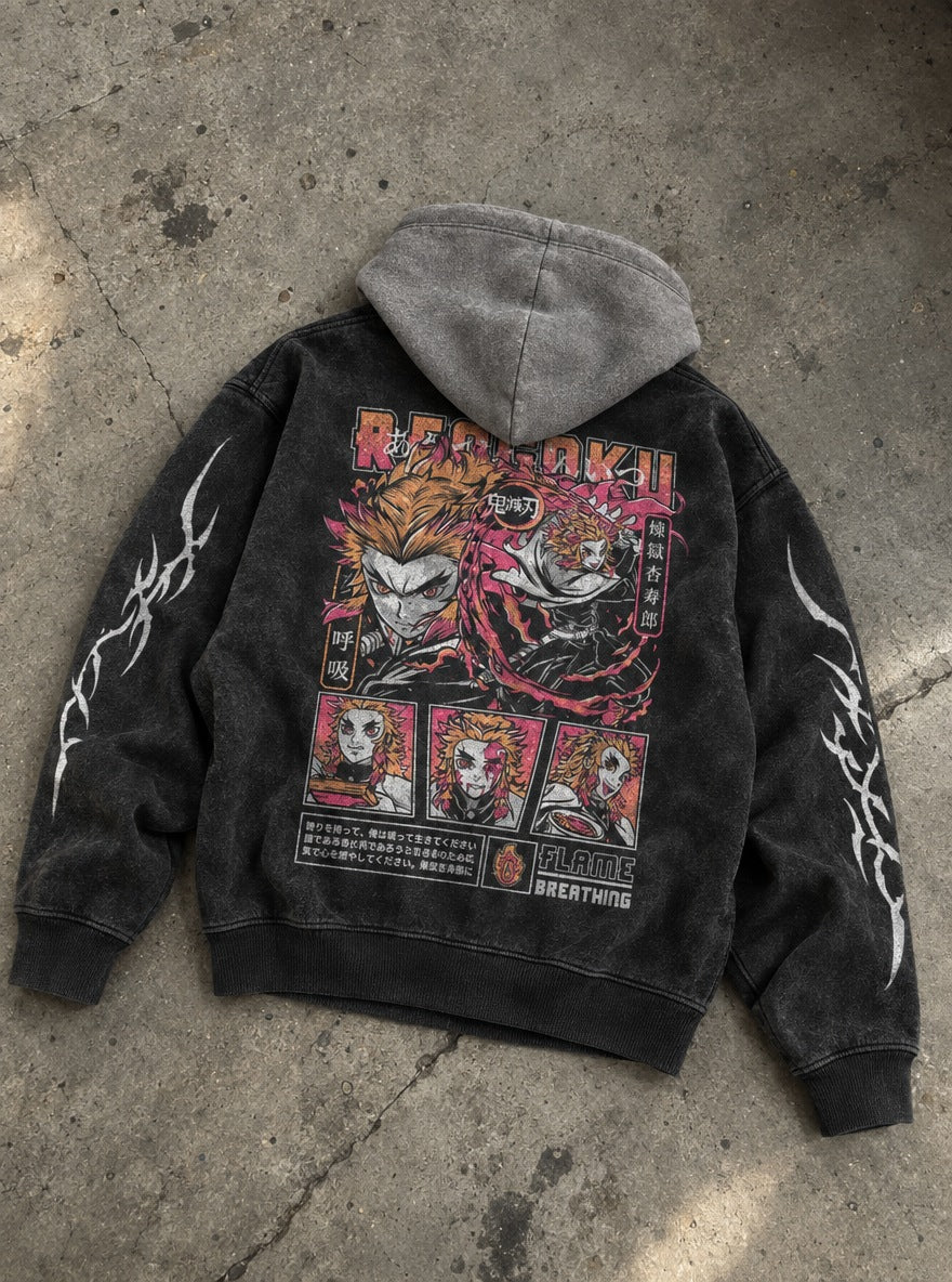 Rengoku Tribute – Black & Grey Hoodie – flat-lay | Demon Slayer