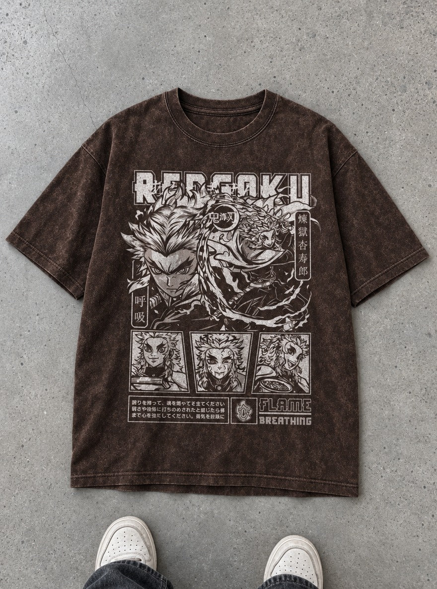 Rengoku Tribute – Brown T-Shirt – flat-lay | Demon Slayer