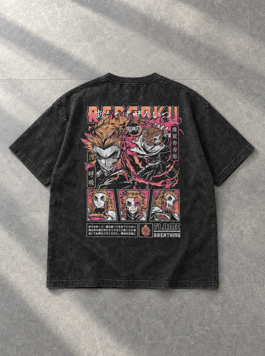Rengoku Tribute – Black T-Shirt – flat-lay | Demon Slayer
