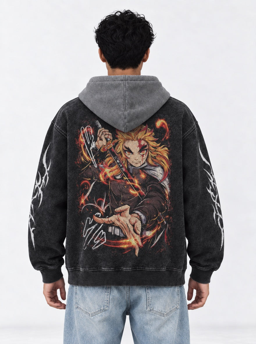 Rengoku Flame – Black & Grey Hoodie – model shot | Demon Slayer