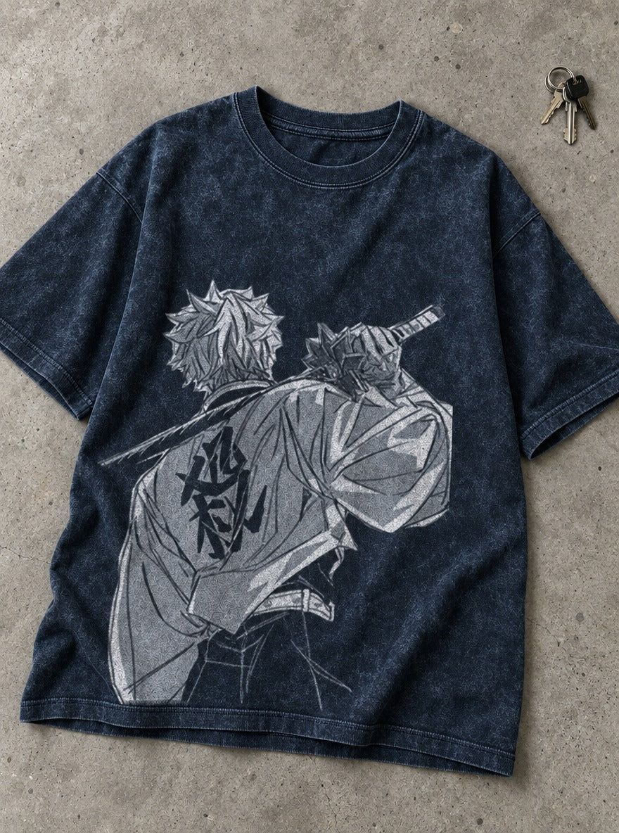 Sanemi Back – Navy Blue T-Shirt – flat-lay | Demon Slayer