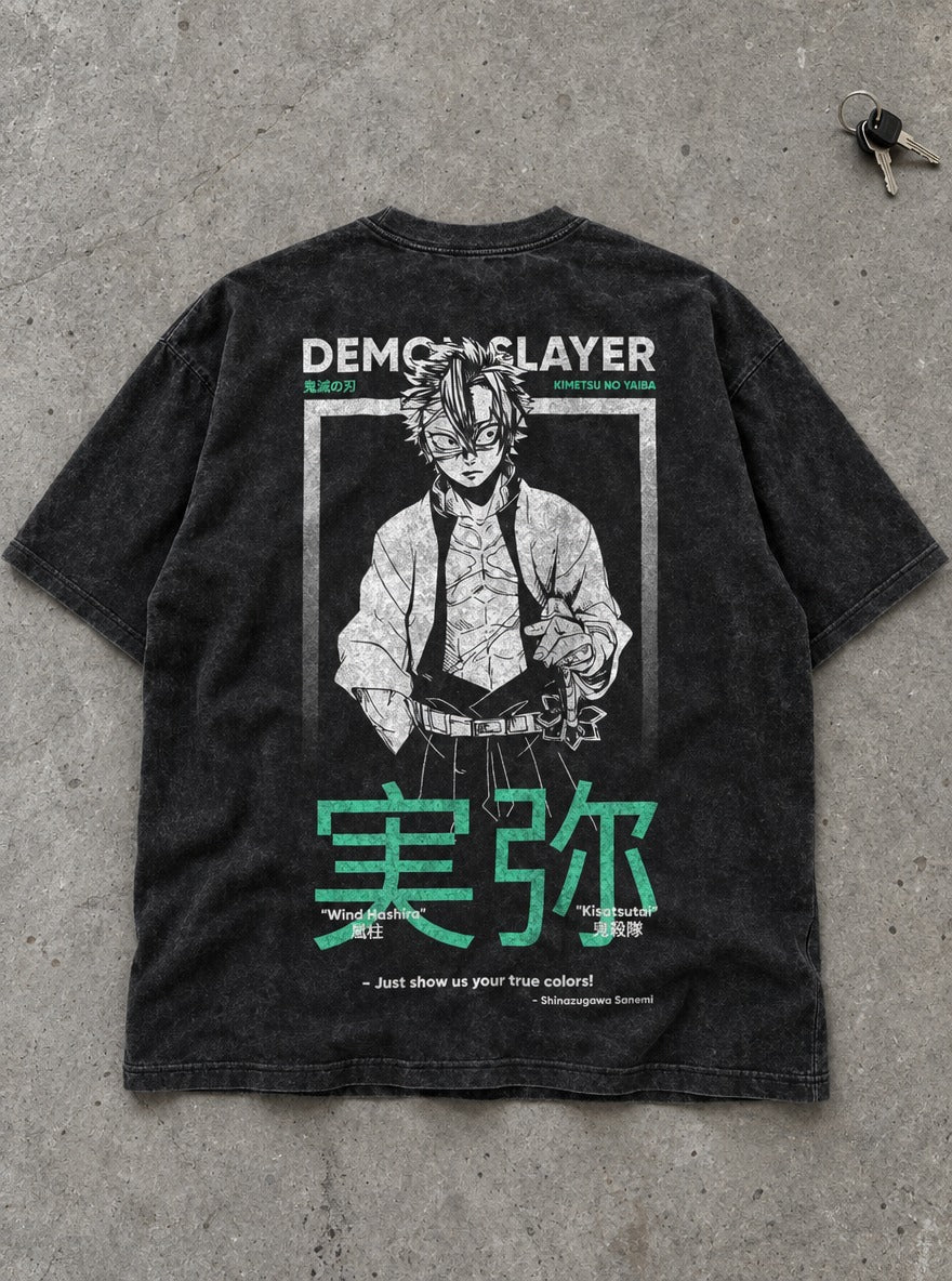 Sanemi Frame – Black T-Shirt – flat-lay | Demon Slayer