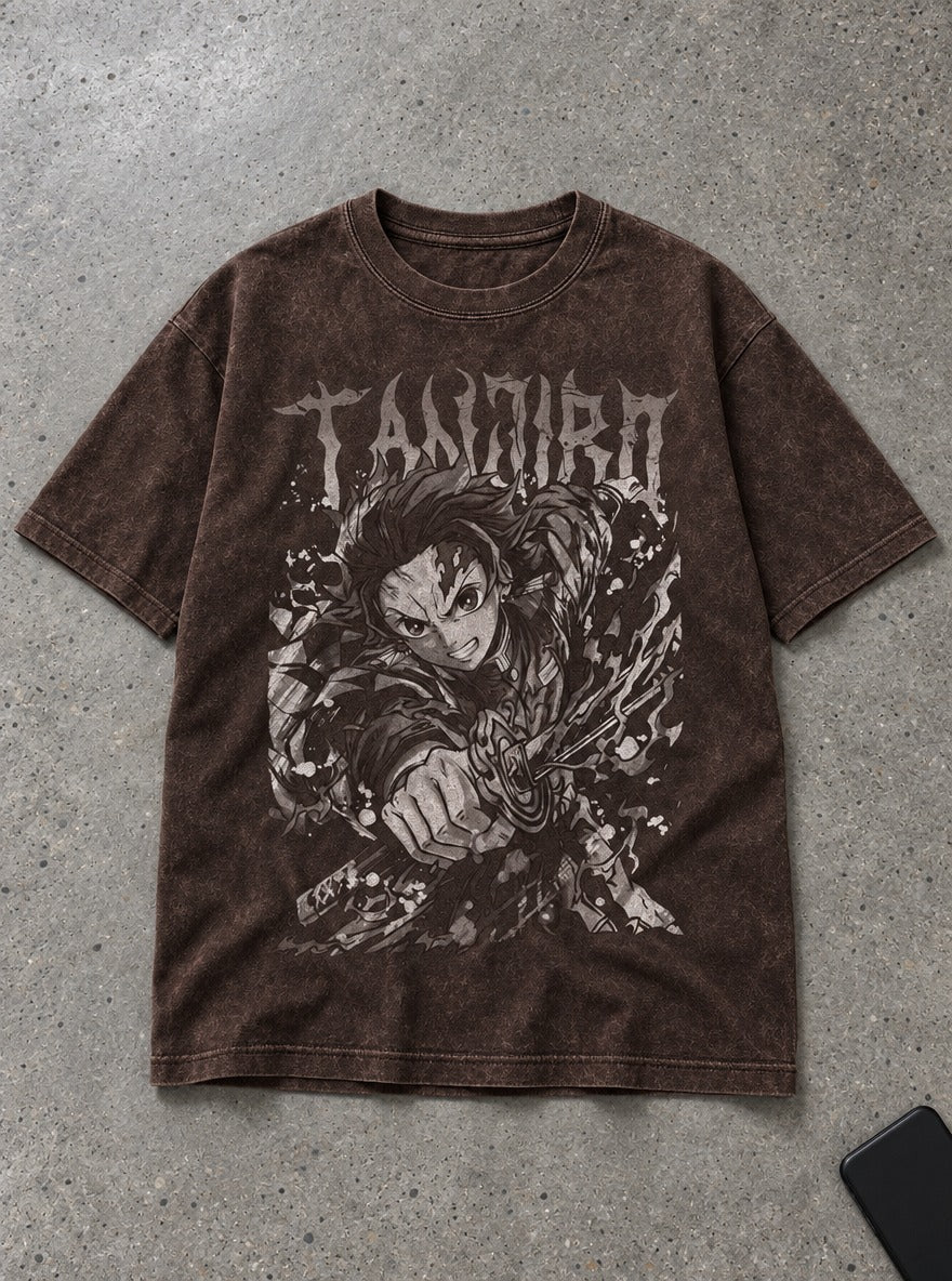Scarred Flame – Brown T-Shirt – flat-lay | Demon Slayer