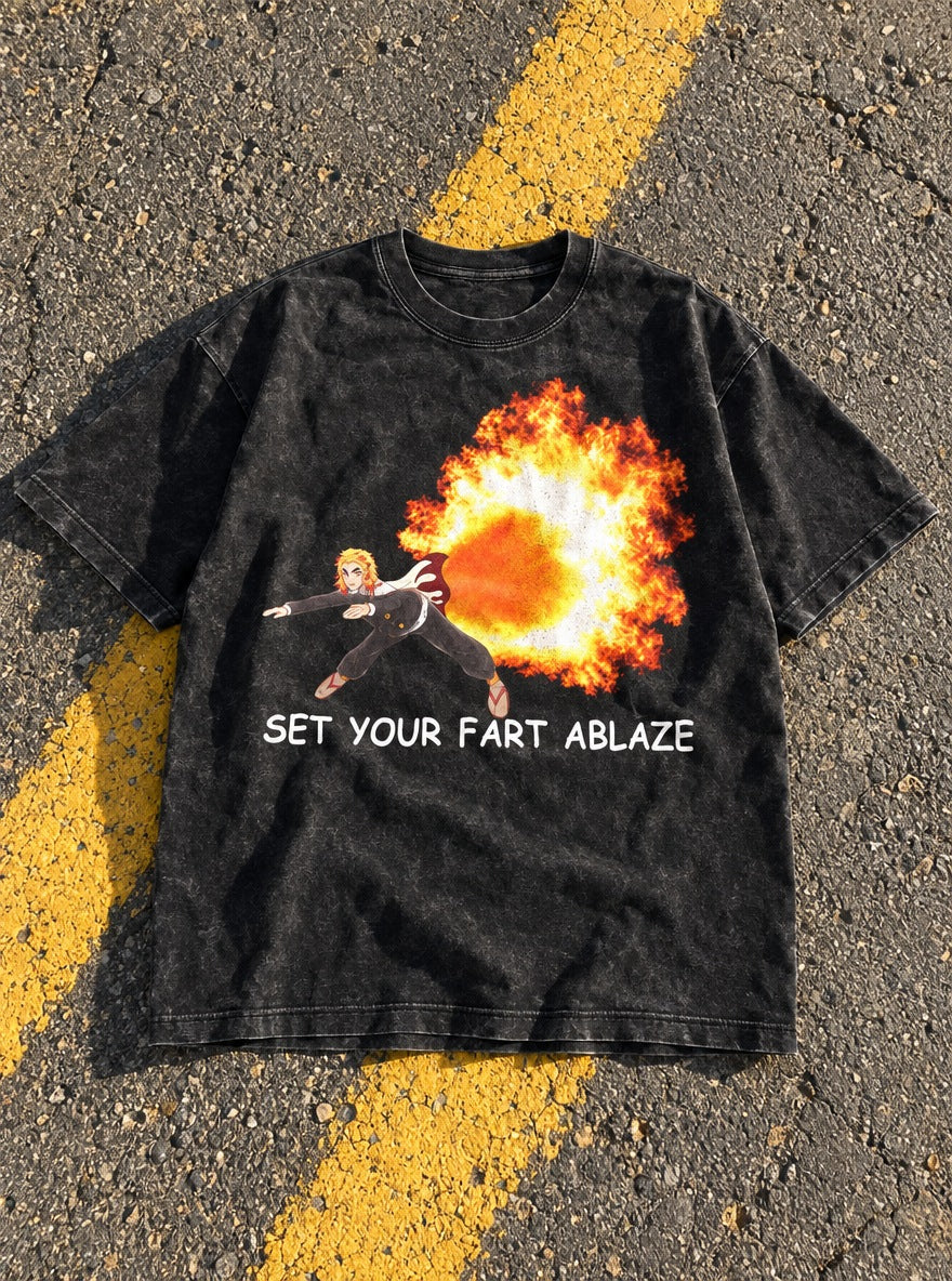Set Your Fart Ablaze – Black Acid Wash Tee – flat-lay | Demon Slayer