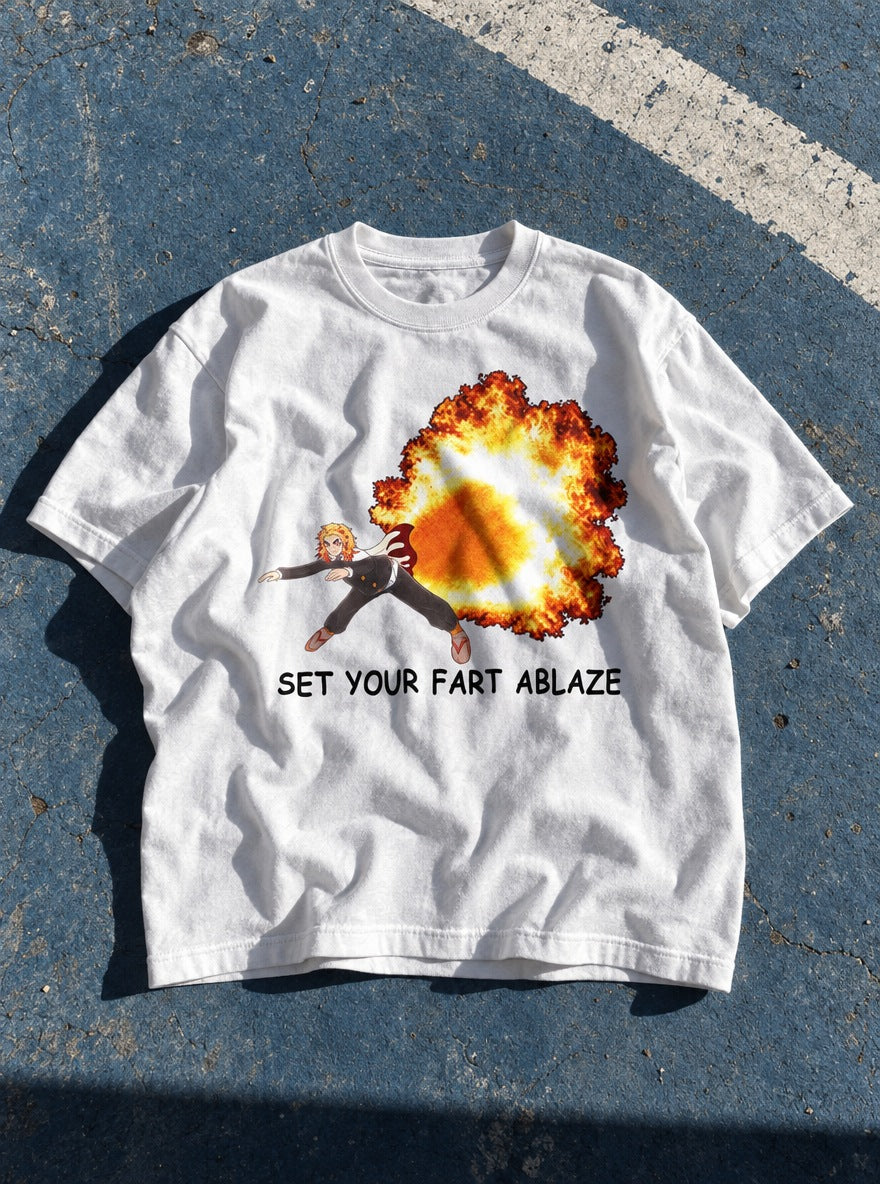 Set Your Fart Ablaze – White Tee – flat-lay | Demon Slayer