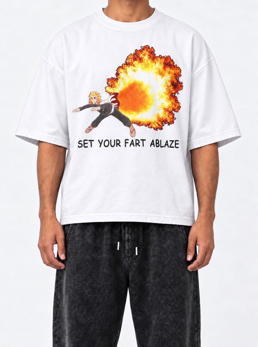 Set Your Fart Ablaze – White Tee – model shot | Demon Slayer