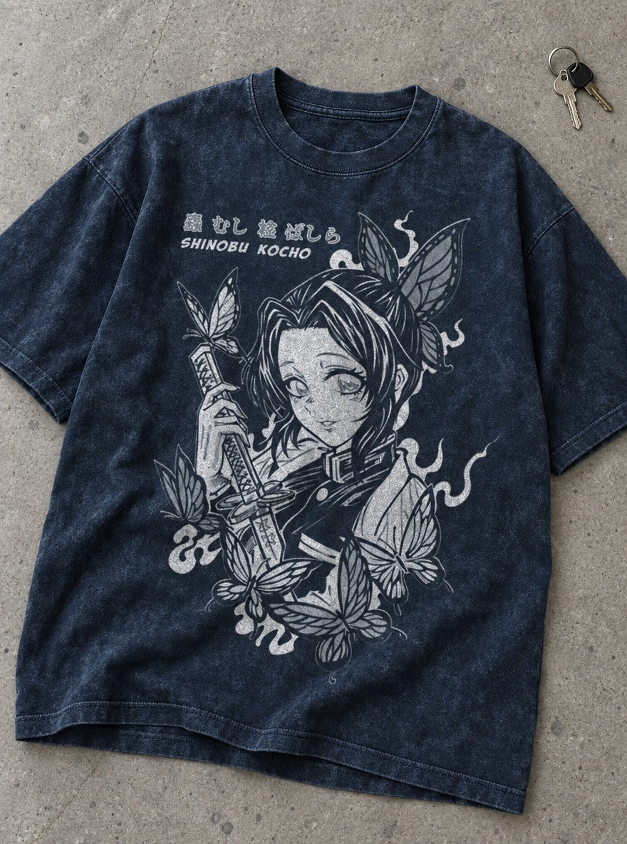 Shinobu Butterfly – Navy Blue T-Shirt – flat-lay | Demon Slayer