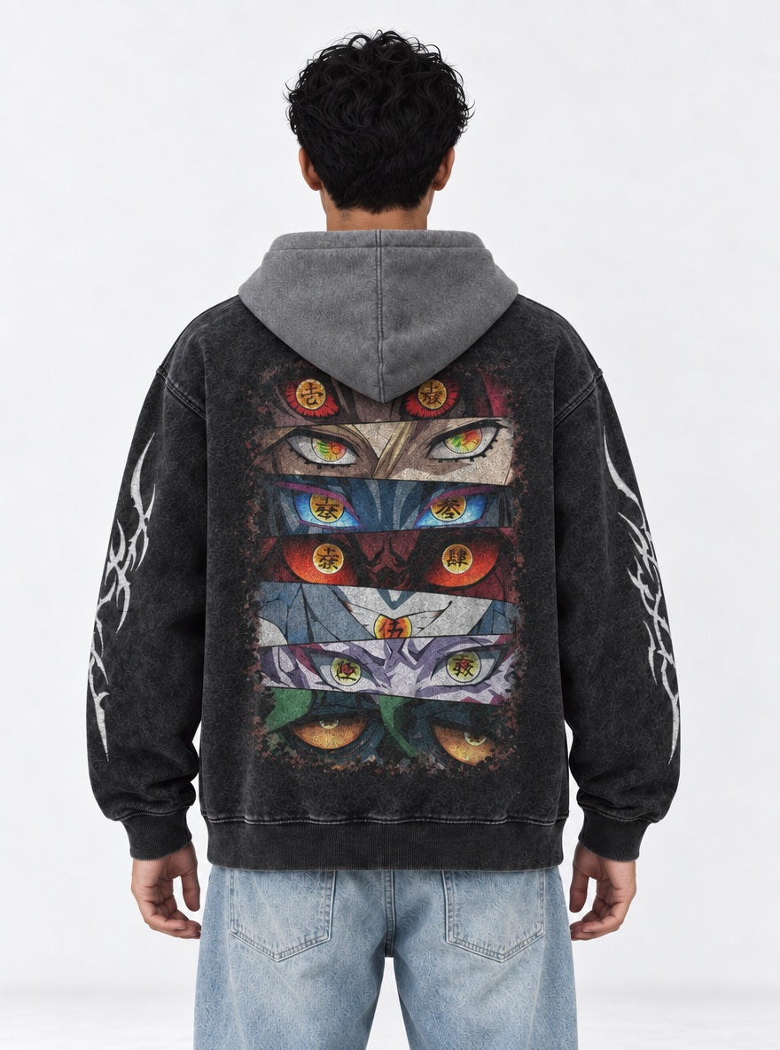 Demon Eyes – Black & Grey Hoodie – model shot | Demon Slayer