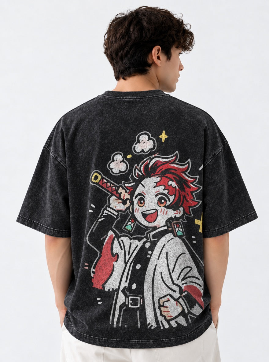 Tanjiro Chibi – Black T-Shirt – model shot | Demon Slayer