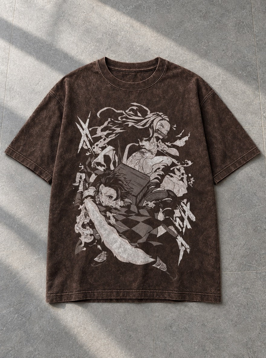 Tanjiro & Nezuko – Brown T-Shirt – flat-lay | Demon Slayer