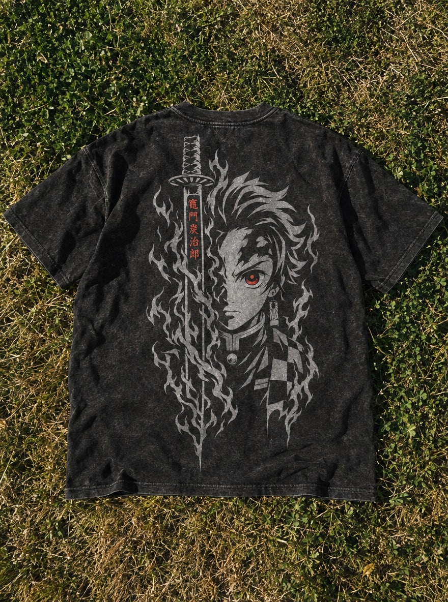 Tanjiro Blade – Black T-Shirt – flat-lay | Demon Slayer