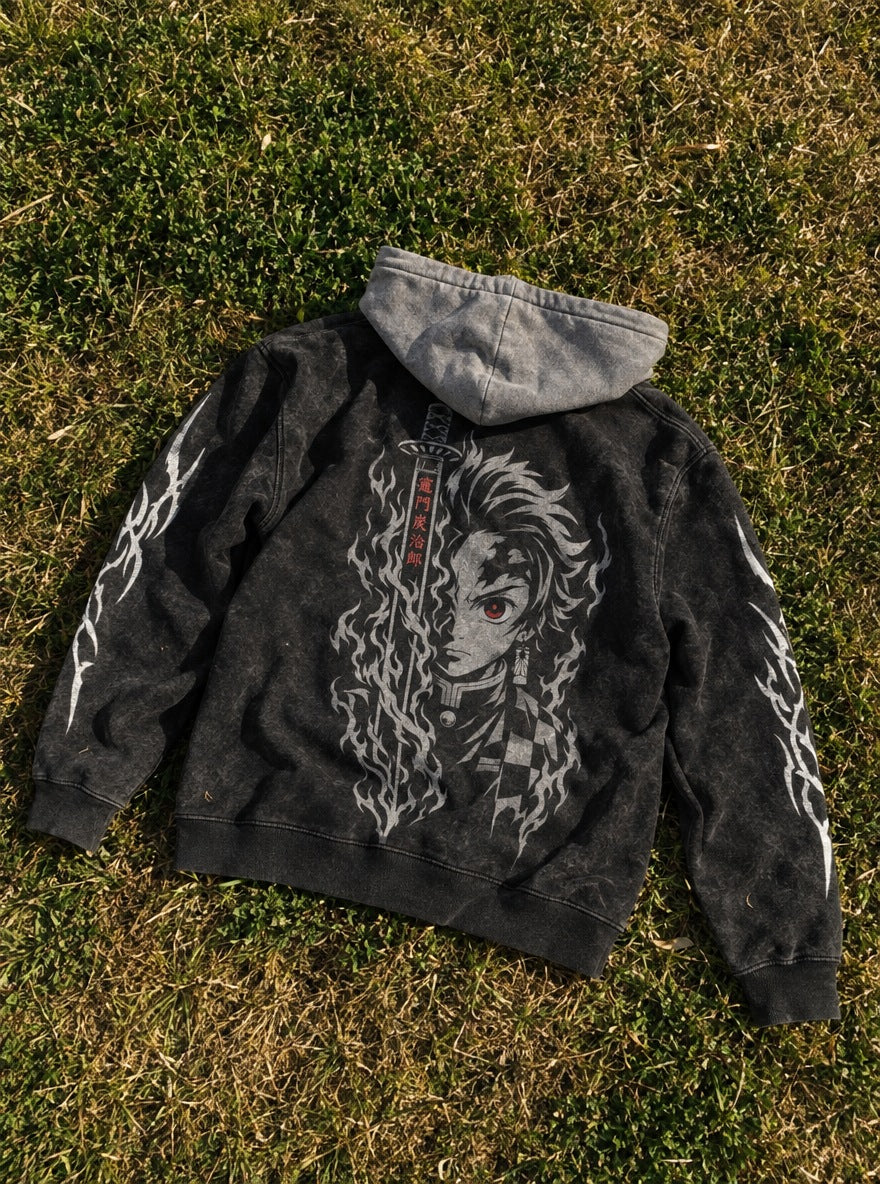 Tanjiro Blade – Black & Grey Hoodie – flat-lay | Demon Slayer