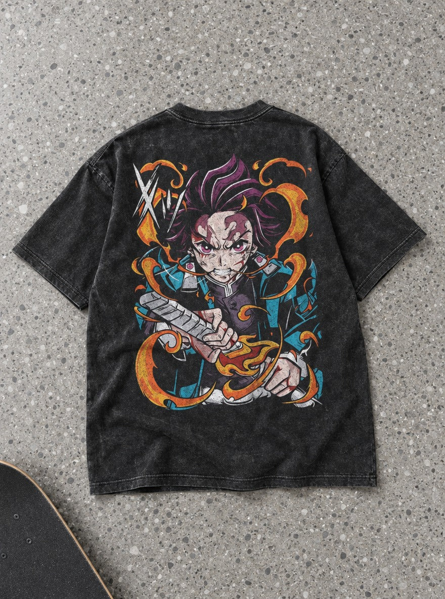 Tanjiro Duo – Black T-Shirt – flat-lay | Demon Slayer
