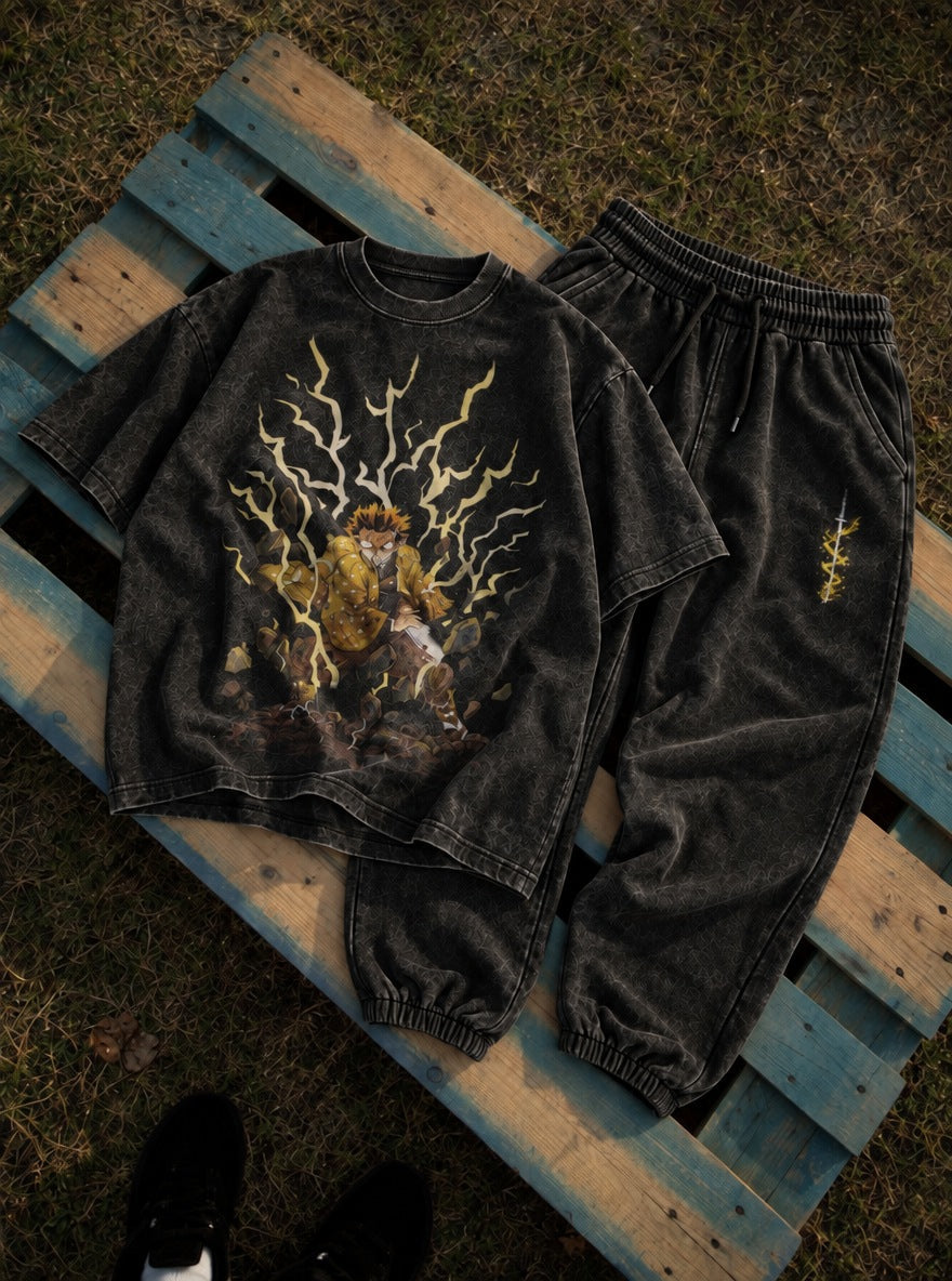 Black Tee & Joggers Combo – Zenitsu Thunder – flat-lay | Demon Slayer