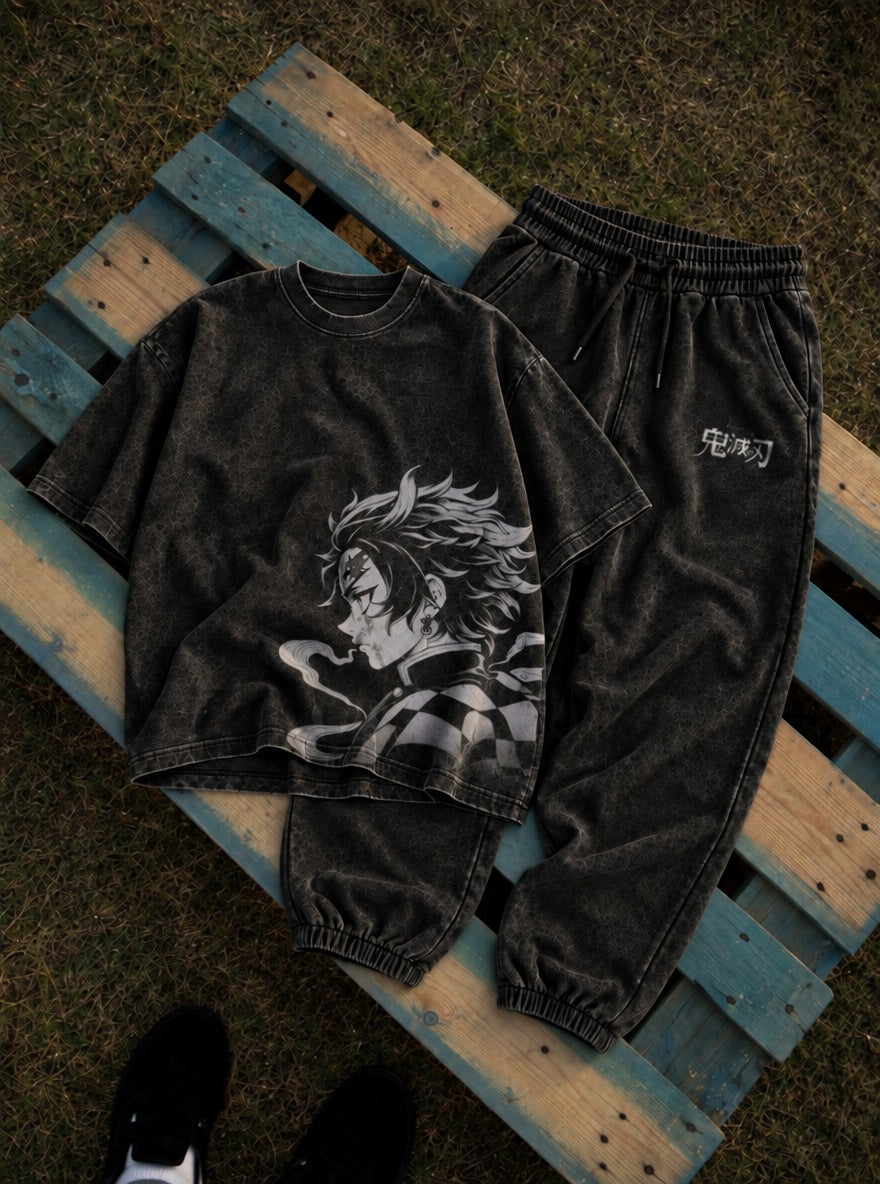 Black Tee & Joggers Combo – Tanjiro Resolve – flat-lay | Demon Slayer