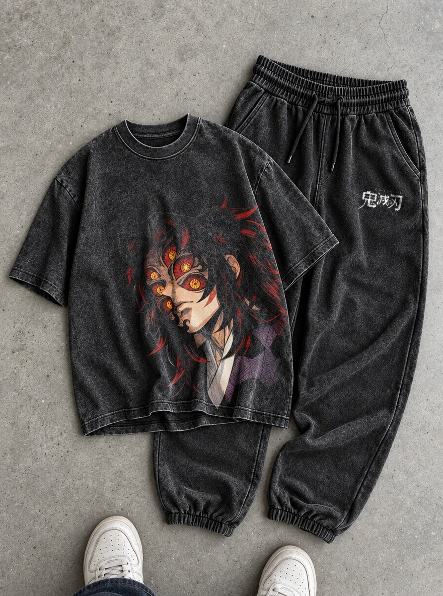 Black Tee & Joggers Combo – Kokushibo Gaze – flat-lay | Demon Slayer