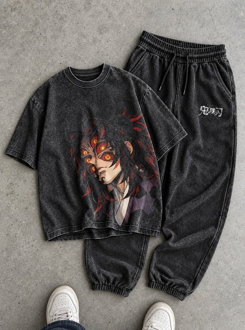 Black Tee & Joggers Combo – Kokushibo Gaze – flat-lay | Demon Slayer
