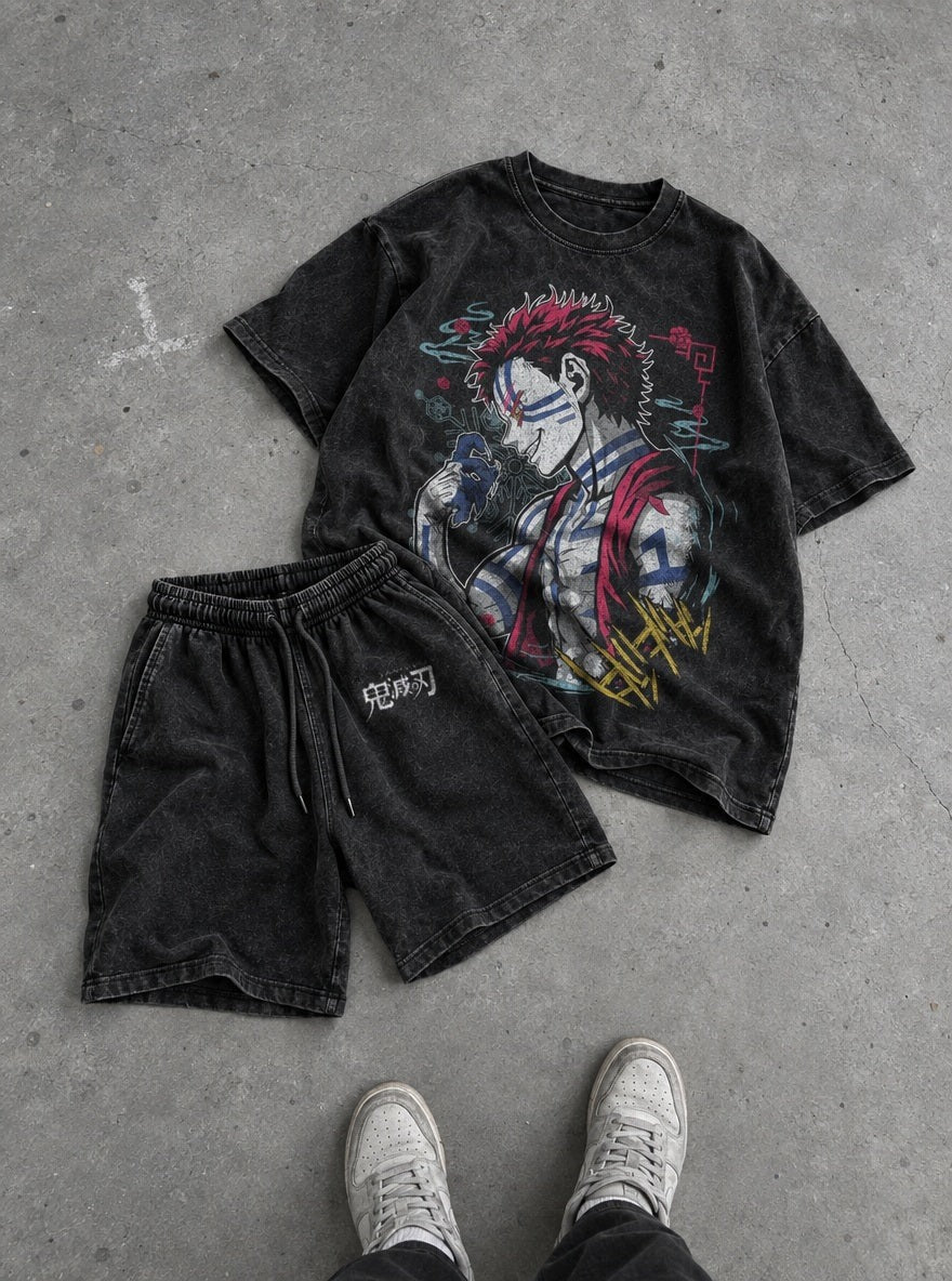 Black Tee & Shorts Combo – Akaza Unleashed – flat-lay | Demon Slayer