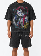 Black Tee & Shorts Combo – Akaza Unleashed – model shot | Demon Slayer