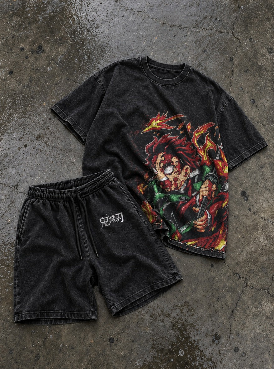 Black Tee & Shorts Combo – Tanjiro Inferno – flat-lay | Demon Slayer