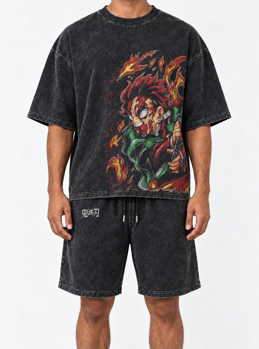 Black Tee & Shorts Combo – Tanjiro Inferno – model shot | Demon Slayer