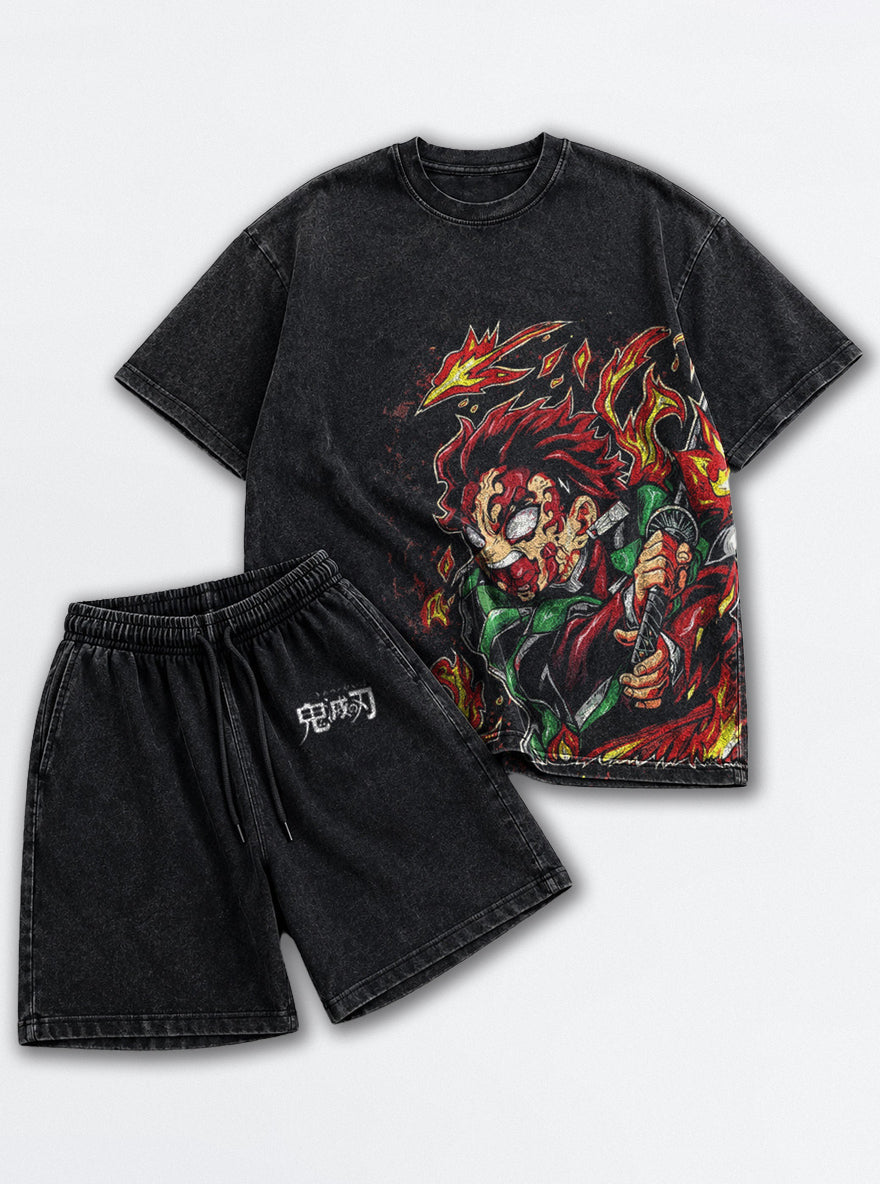 Black Tee & Shorts Combo – Tanjiro Inferno – mockup | Demon Slayer