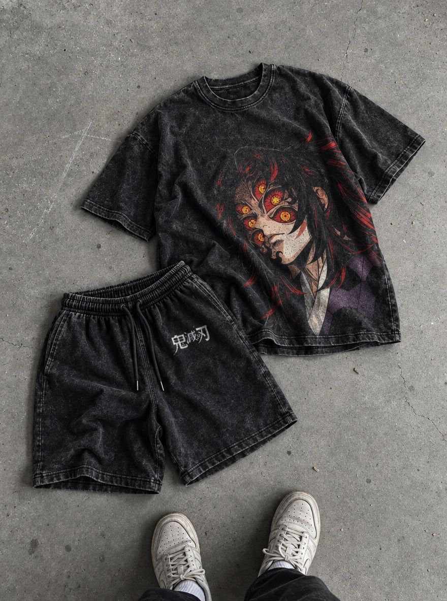 Black Tee & Shorts Combo – Kokushibo Gaze – flat-lay | Demon Slayer