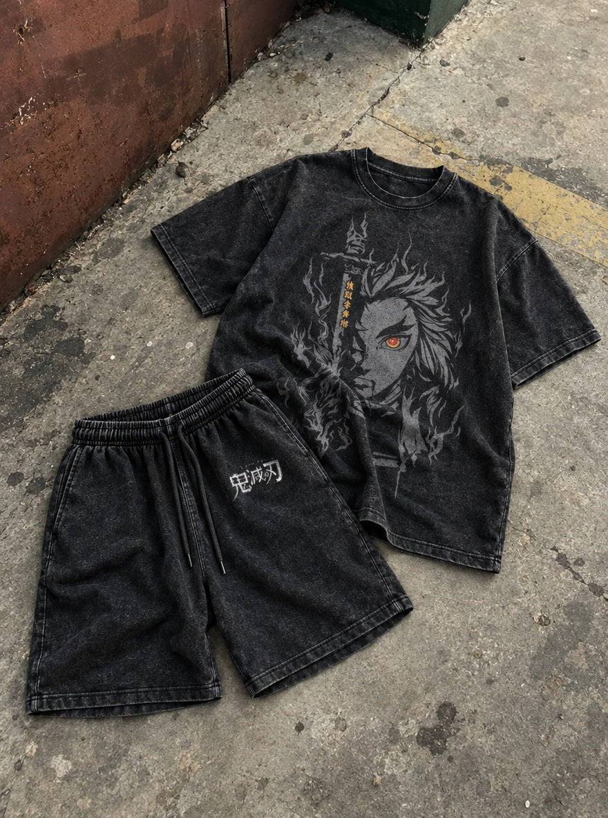 Black Tee & Shorts Combo – Rengoku Ember – flat-lay | Demon Slayer