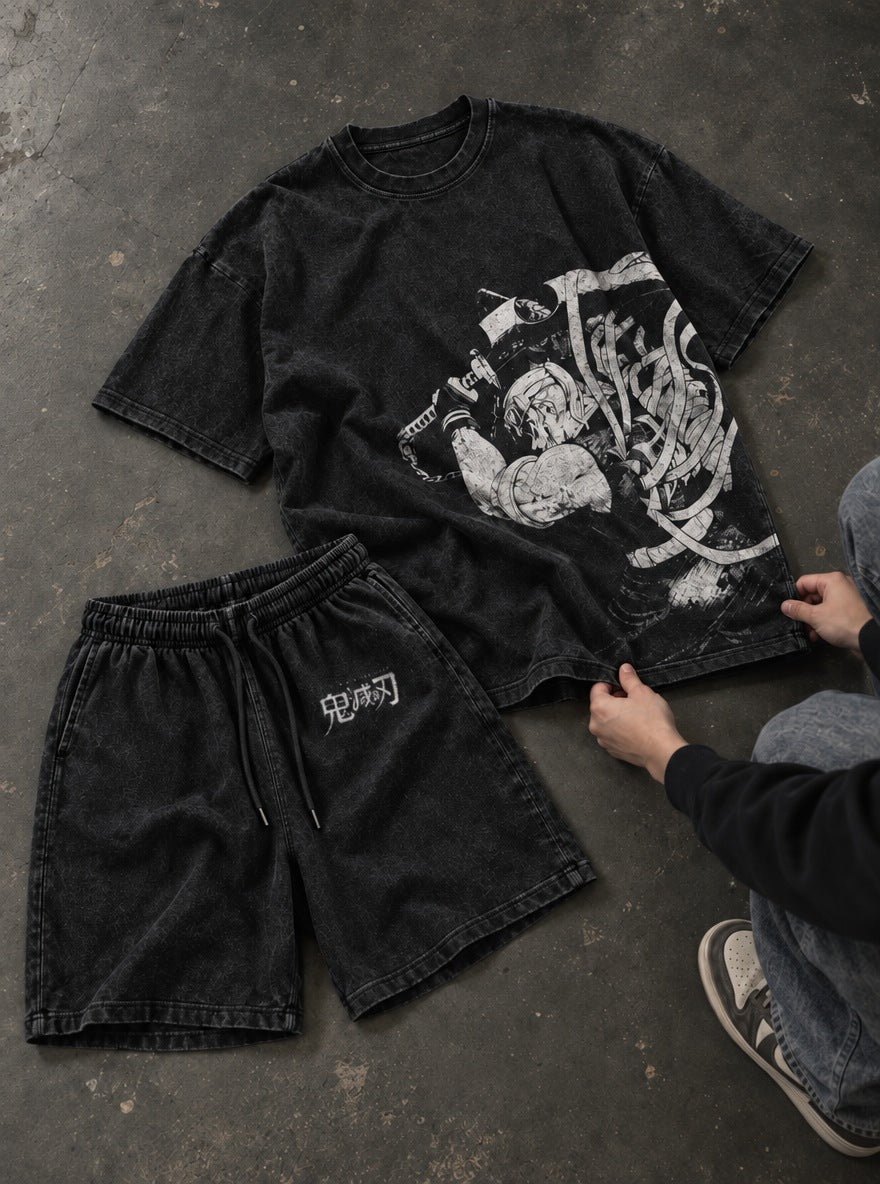 Black Tee & Shorts Combo – Tengen Uzui – flat-lay | Demon Slayer