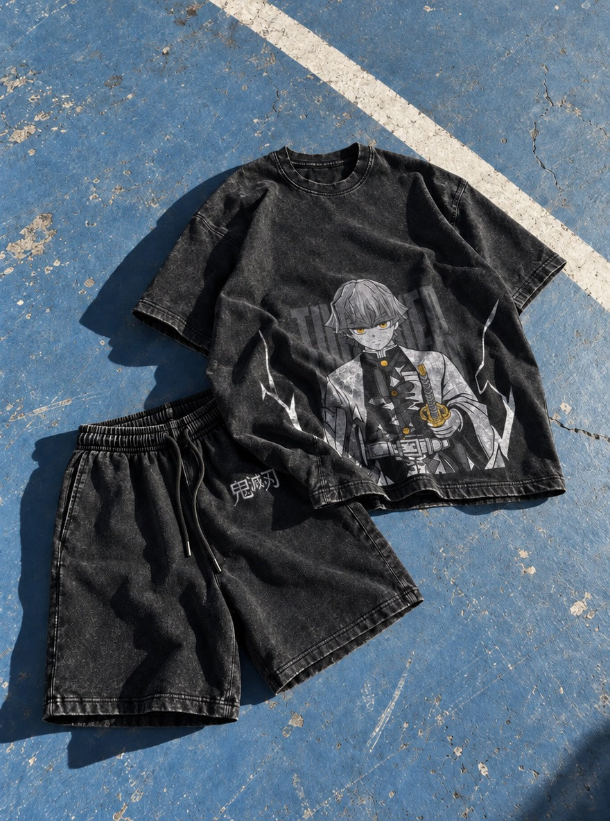 Black Tee & Shorts Combo – Zenitsu Awakened – flat-lay | Demon Slayer